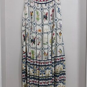 FARM Rio White Maxi Skirt with Multicolor Bird & Floral Panels
